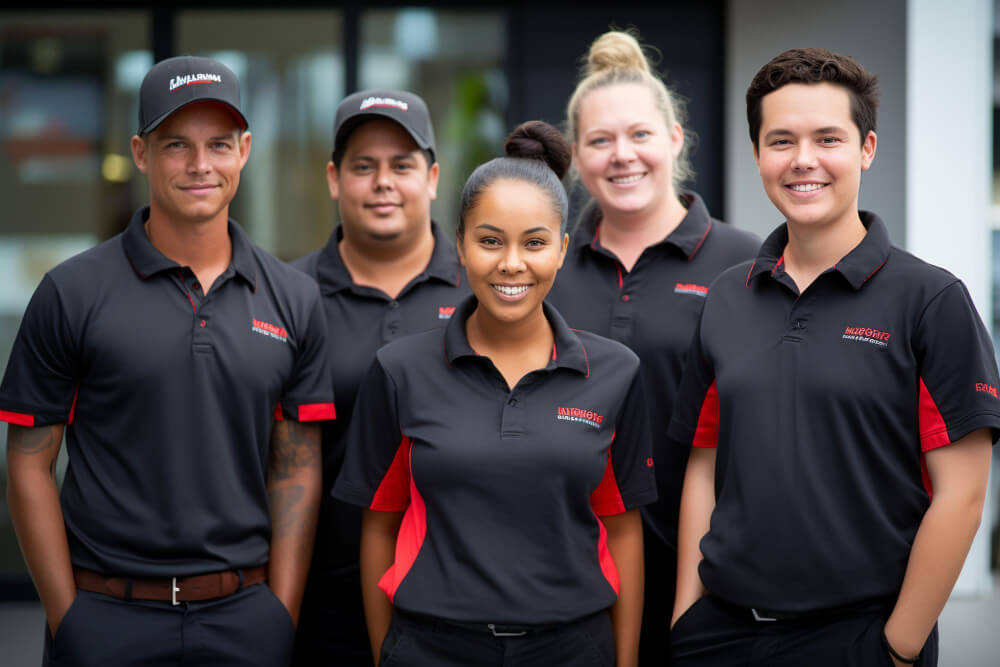 cinco componentes de empregados uniformizados cores preto e vermelho