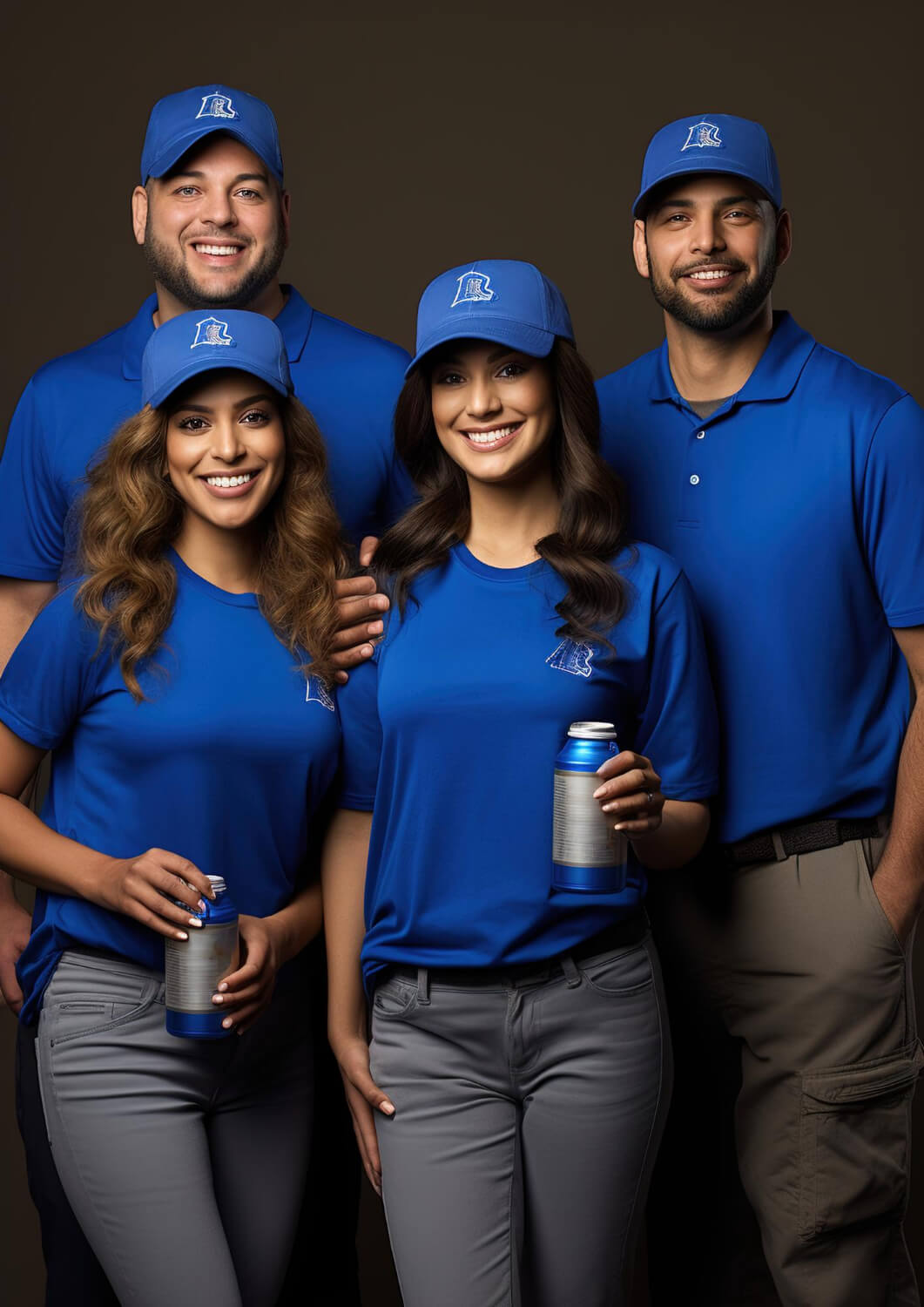 Equipe jovens homens e mulheres com uniformes Camiseta e bonés na cor azul e calças na cor cinza